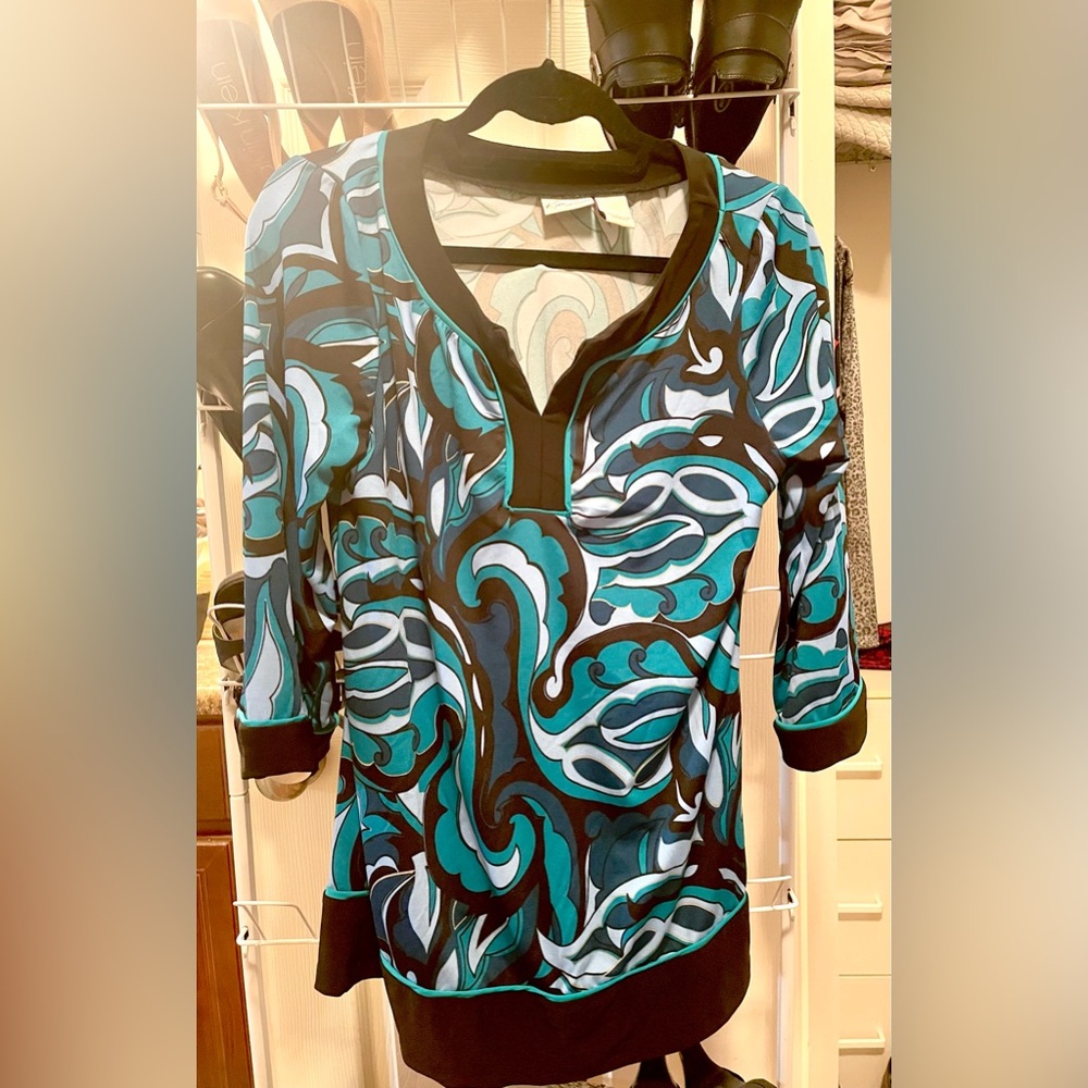 Women’s Kim Rogers Tunic Top, size L, Black/Blue/Teal